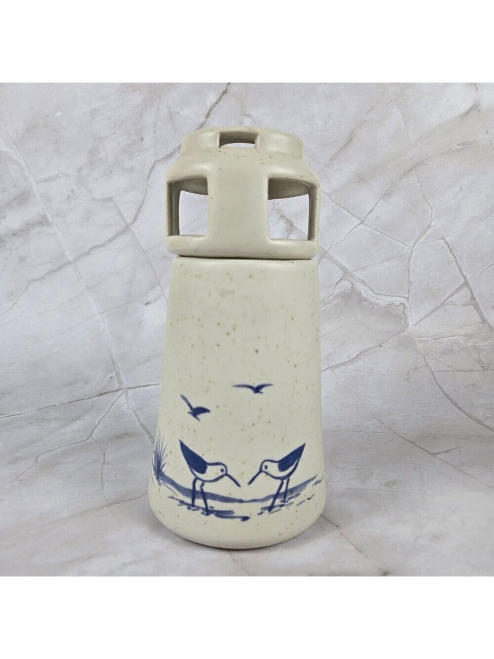Vintage Sanibel Pottery 1984 Lighthouse Candle Holder Seabirds Cream Blue